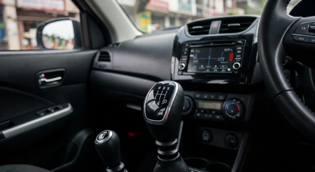 "A genuine Maruti Swift AGS transmission system being inspected by a mechanic at an authorized parts outlet. The environment should look clean and professional. Include a clear display of Maruti Suzuki branded parts and accessories. There should be a Beekay Group signage in the background with the tagline 'Building Trust and Delivering Quality for Over Three Decades'."