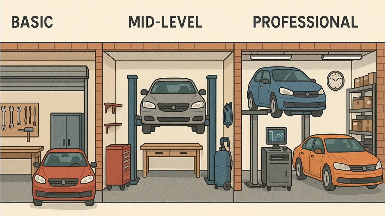 Illustrated comparison of three garage setups: a basic single-car garage with hand tools, a mid-level garage with hydraulic lift and workbench, and a professional multi-bay garage with diagnostic tools and parts storage shelves.”
