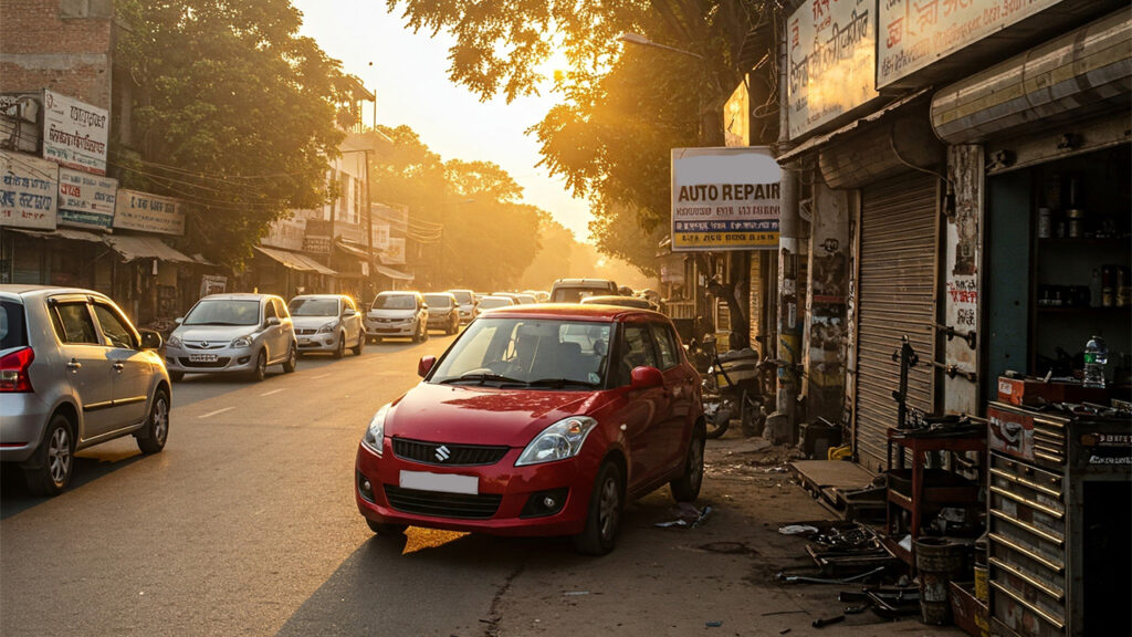 An exterior view of a busy urban road in Lucknow with multiple cars including a red Maruti Swift parked near a roadside mechanic shop. Daytime setting, with moderate traffic and local signage in the background.