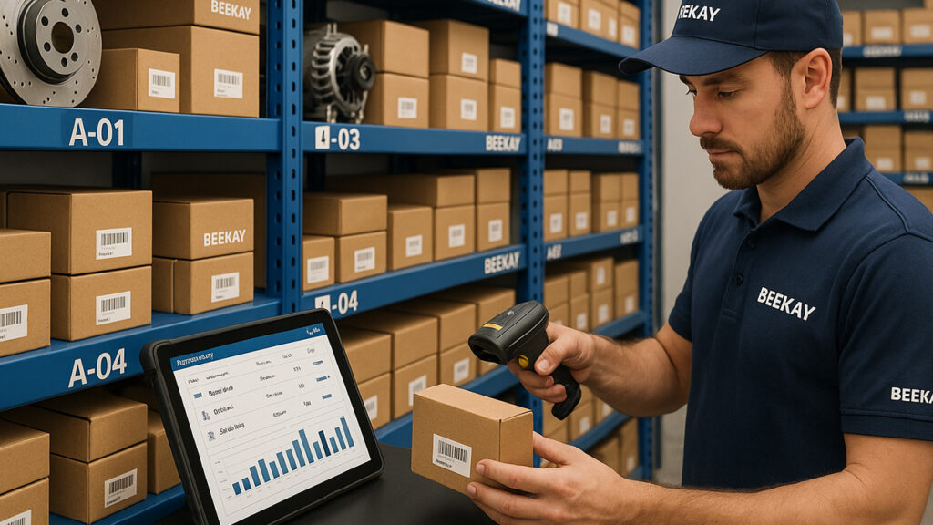 A modern automotive parts warehouse with labeled shelves, barcode scanners, and inventory software visible on a tablet. Boxes are neatly stacked, with a worker scanning items. Visible branding hints like “Beekay” on shelves or uniforms.