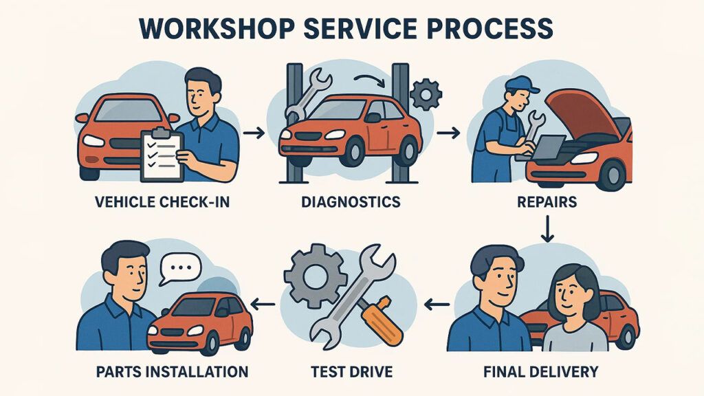 An illustrated flowchart or infographic showing a step-by-step workshop service process: vehicle check-in, diagnostics, repairs, parts installation, test drive, and final delivery. Include icons like a clipboard, tools, vehicle lift, and customer communication.