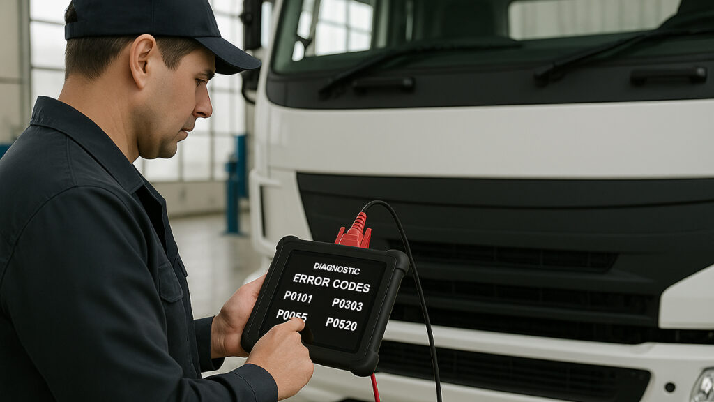 "A professional mechanic using a modern OBD-II diagnostic scanner on a commercial Eicher truck in a well-lit, clean workshop setting, with digital error codes visible on a tablet screen."